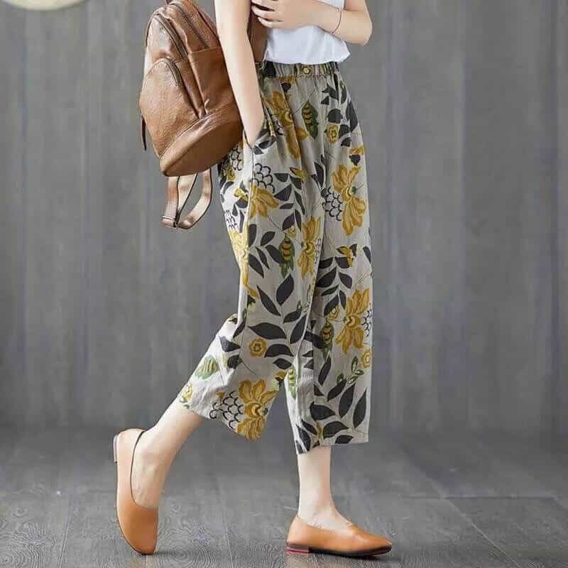 Print Cotton Casual Loose Female Pants- Grey