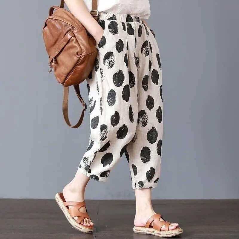 Print Cotton Casual Loose Female Pants- White