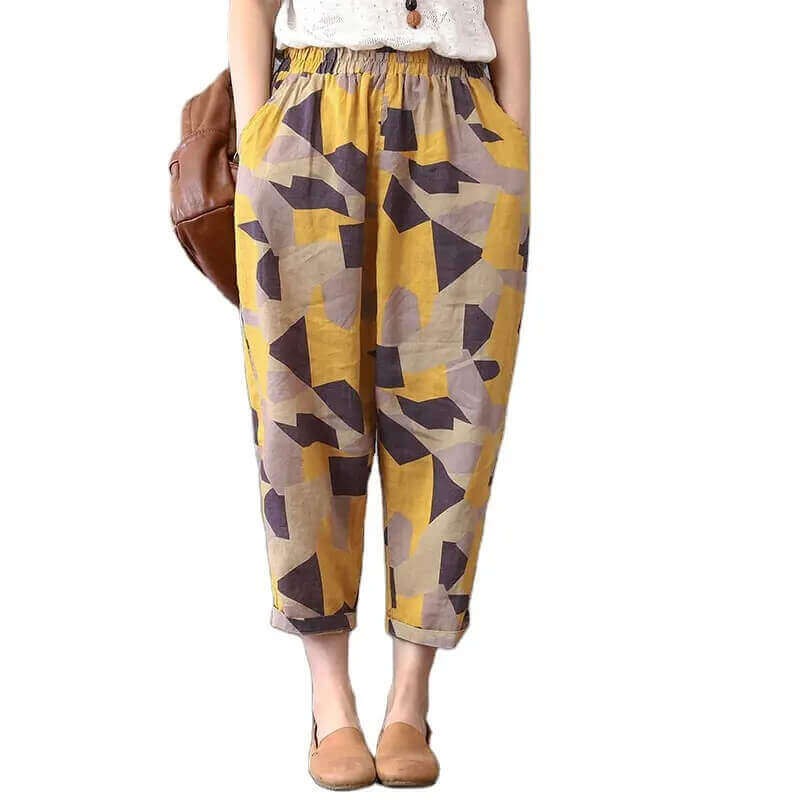 Print Cotton Casual Loose Female Pants- Yellow