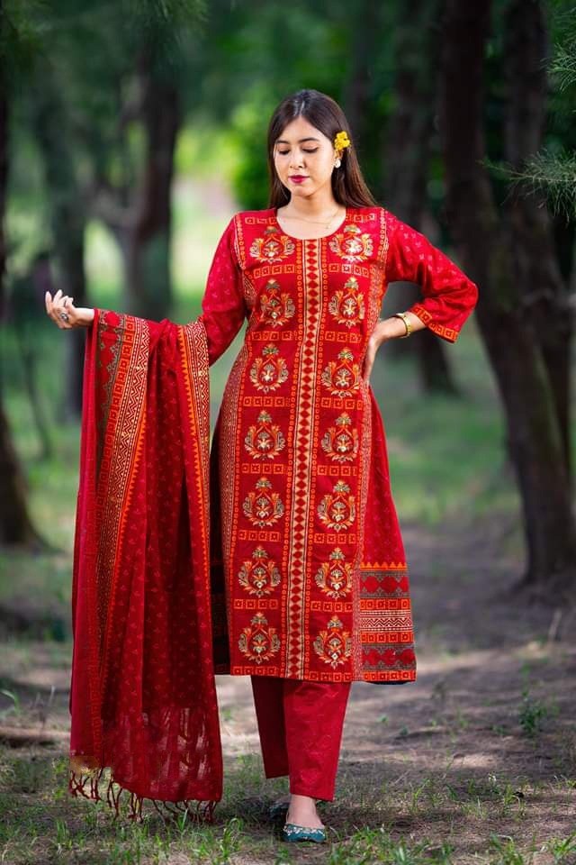 Unstitched  Cotton Screen Print Three Piece